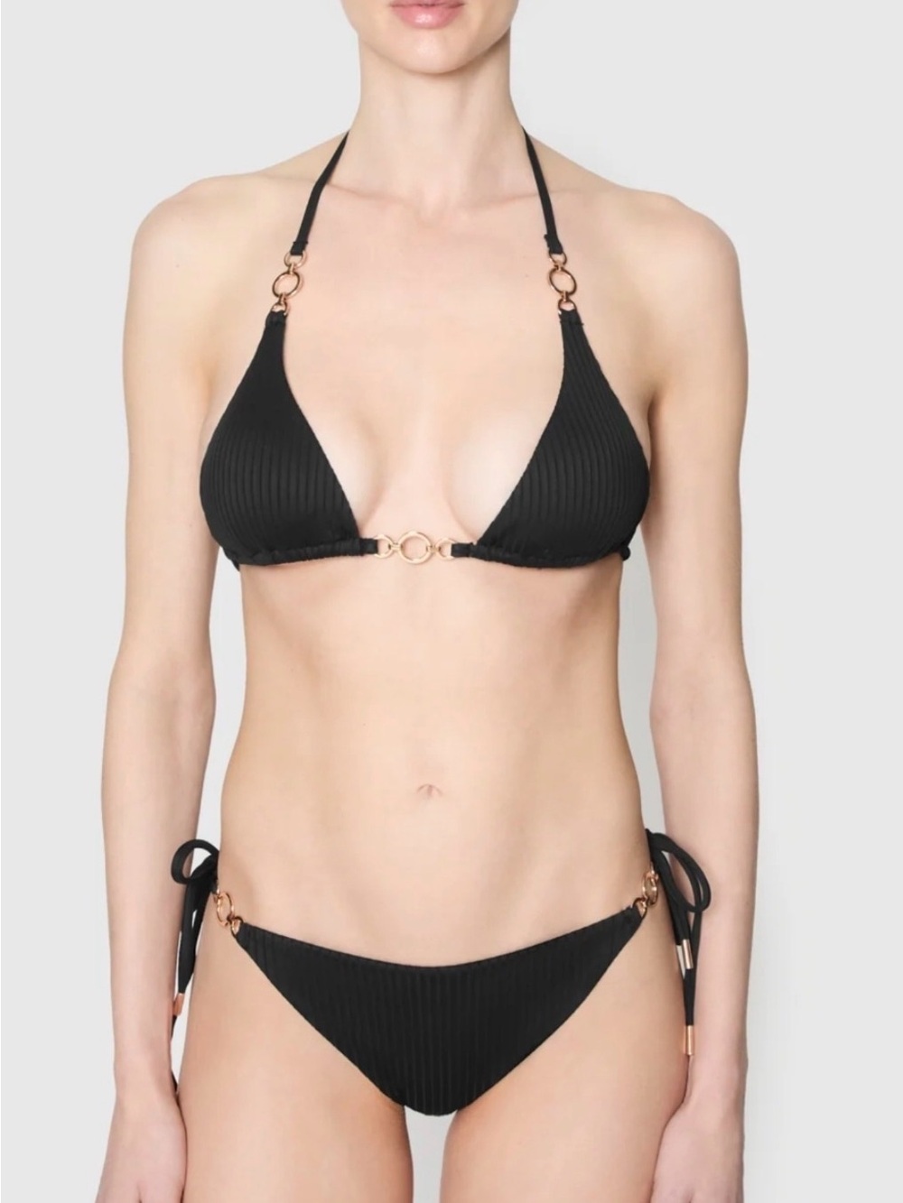 Rebecca Minkoff Black Ribbed Triangle Bikini Set with Gold Ring Details | L